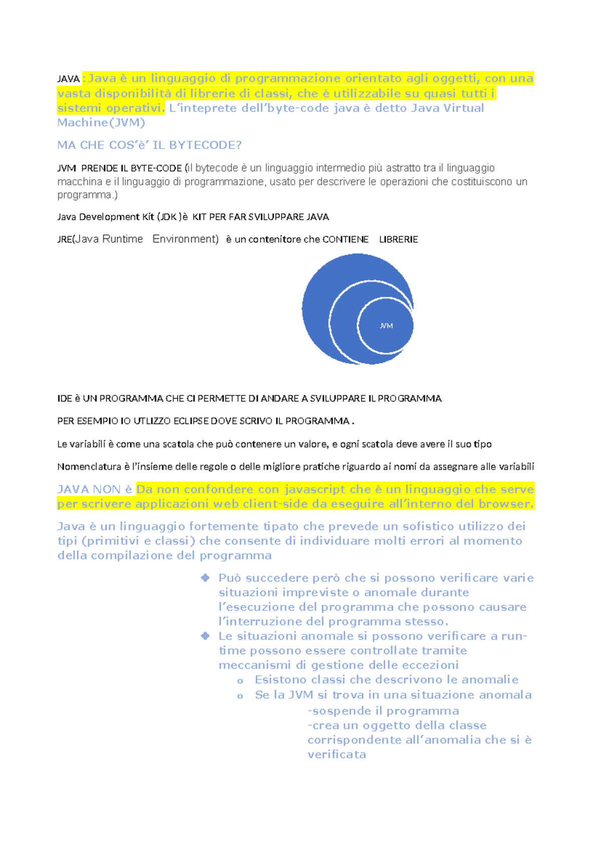JAVA - RIASSUNTO BREVE SUL LINGUAGGIO DI PROGRAMMAZIONE JAVA - Studocu