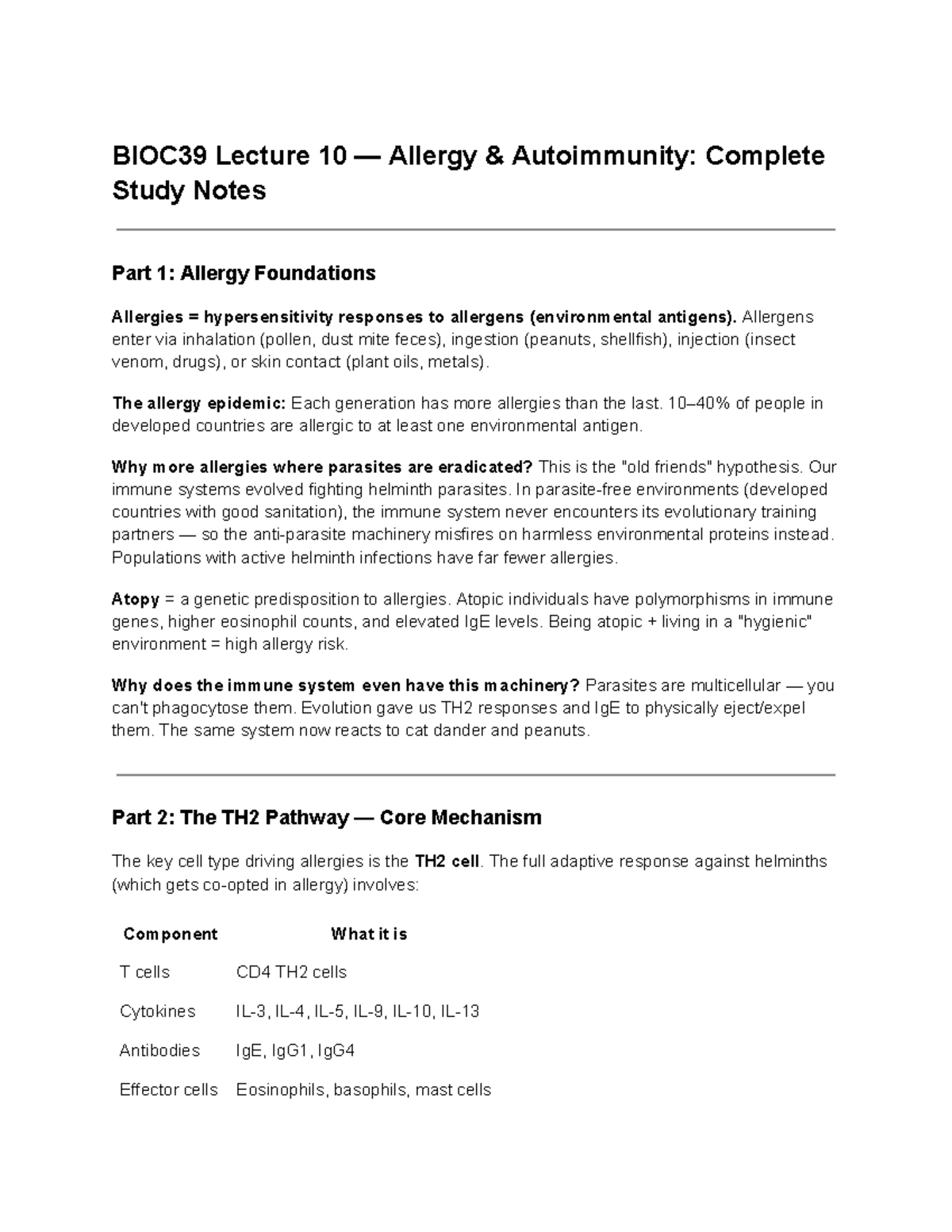 BIOC39 Lecture 10: Allergy & Autoimmunity Comprehensive Study Notes ...