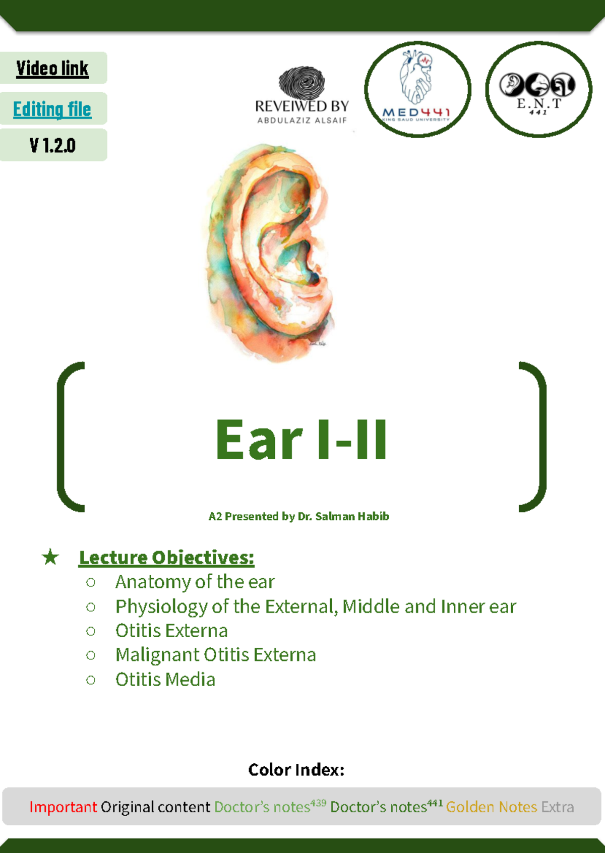 Ear I & II - Comprehensive Lecture Notes on Ear Anatomy & Physiology ...