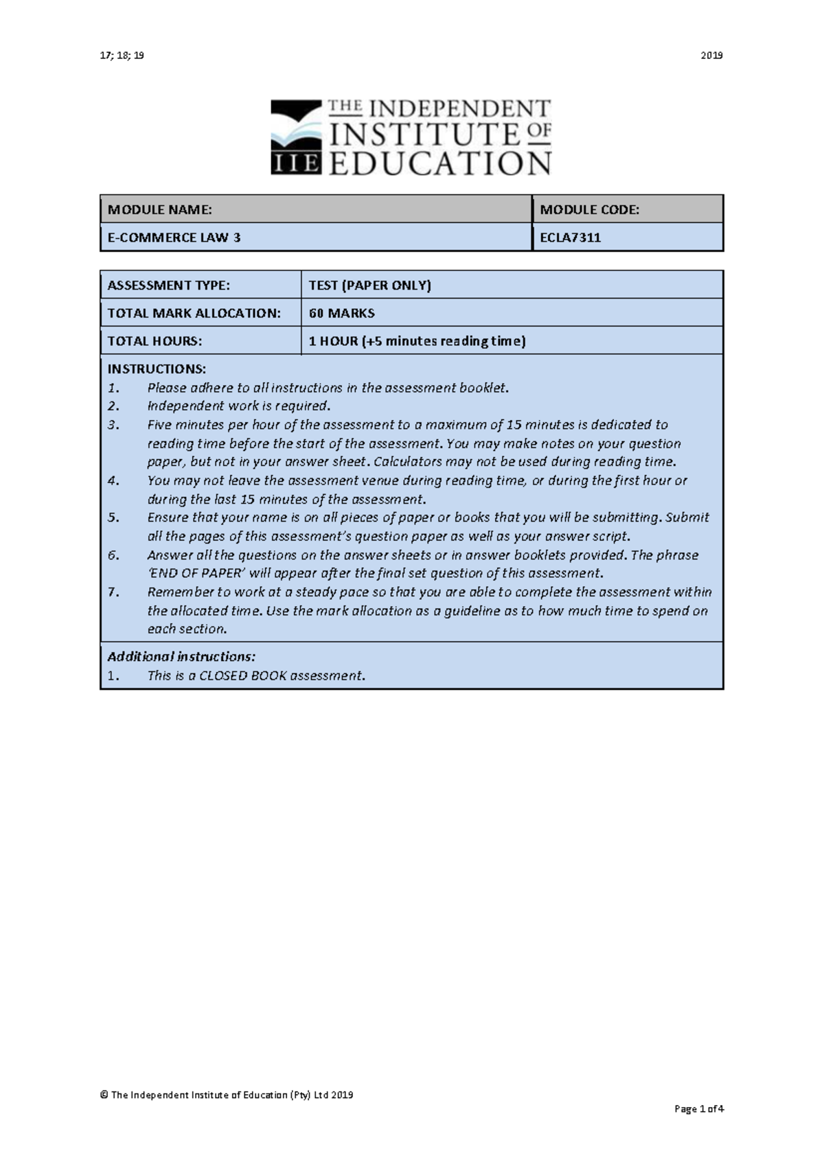 ECLA7311 Ta 2019 - exam - MODULE NAME: MODULE CODE: E-COMMERCE LAW 3 ...