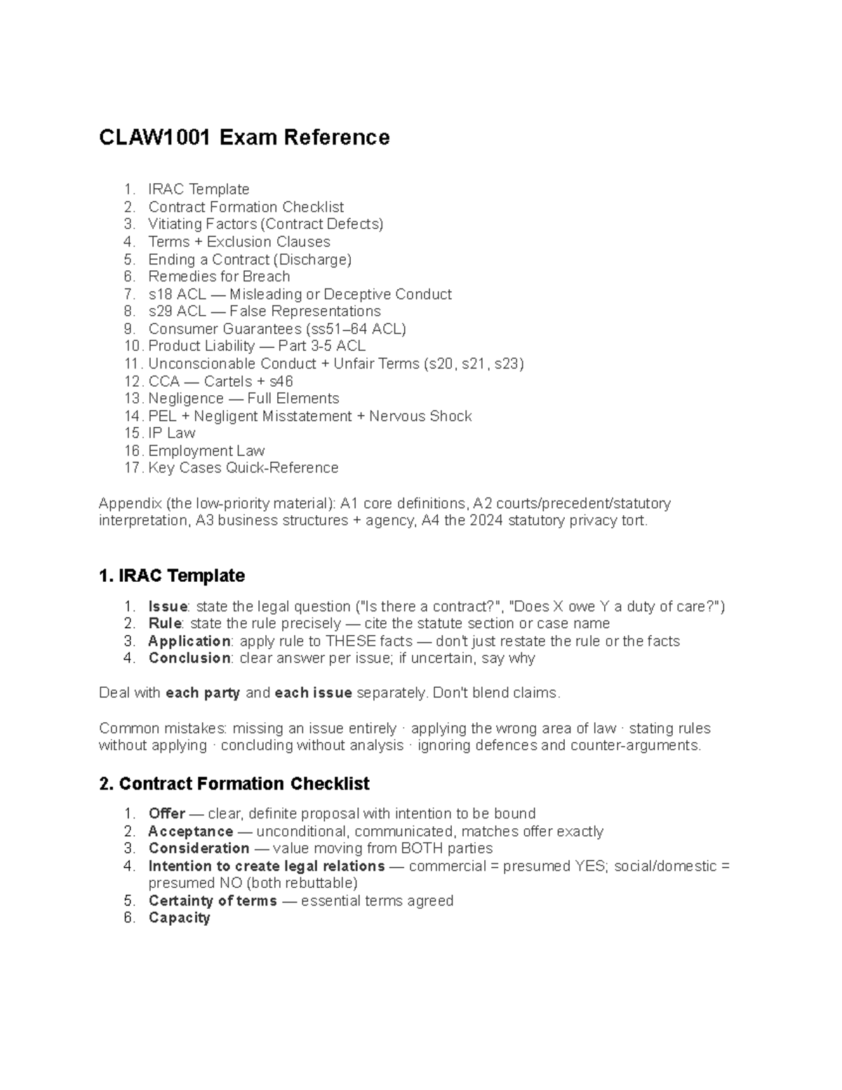 CLAW1001 Final Exam Reference: IRAC Template & Contract Law Checklist ...