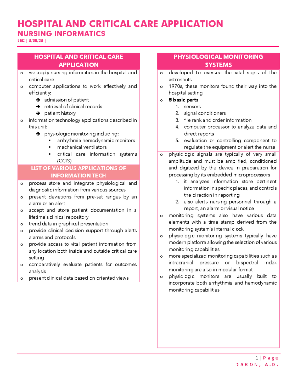 Lecture 1 - NURSING INFORMATICS ####### LEC | 3/08/23 | 1 | P a g e ...