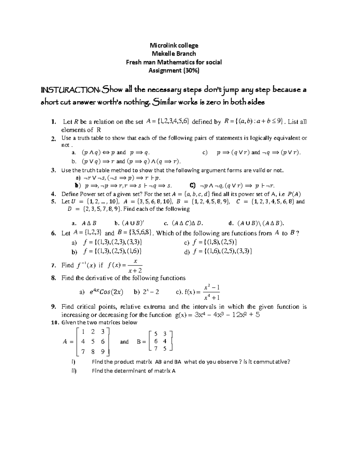 Freshman Mathematics Assignment for Social Distance (30%) - Studocu