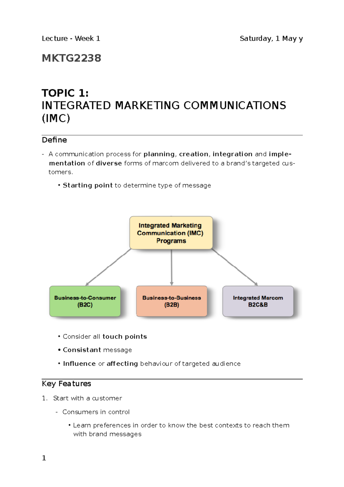 1 - IMC - Lecture notes 1 - Lecture - Week 1 Tuesday, 30 April y ...