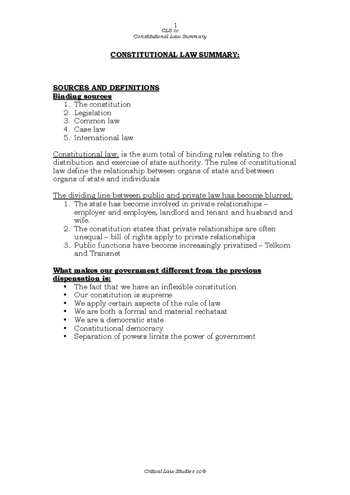 1 CLS cc Constitutional Law Summary: Key Concepts and Principles - Studocu