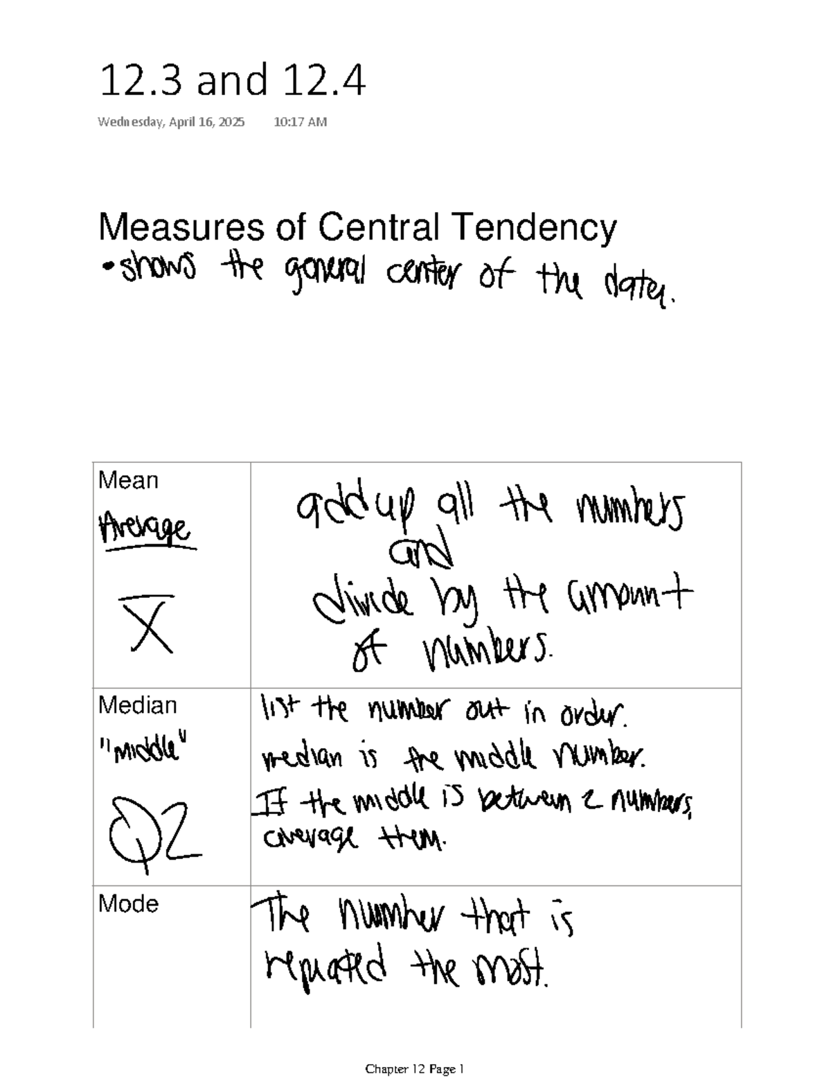 Measures of Central Tendency and Dispersion - Chapter 12 Notes - MAT ...