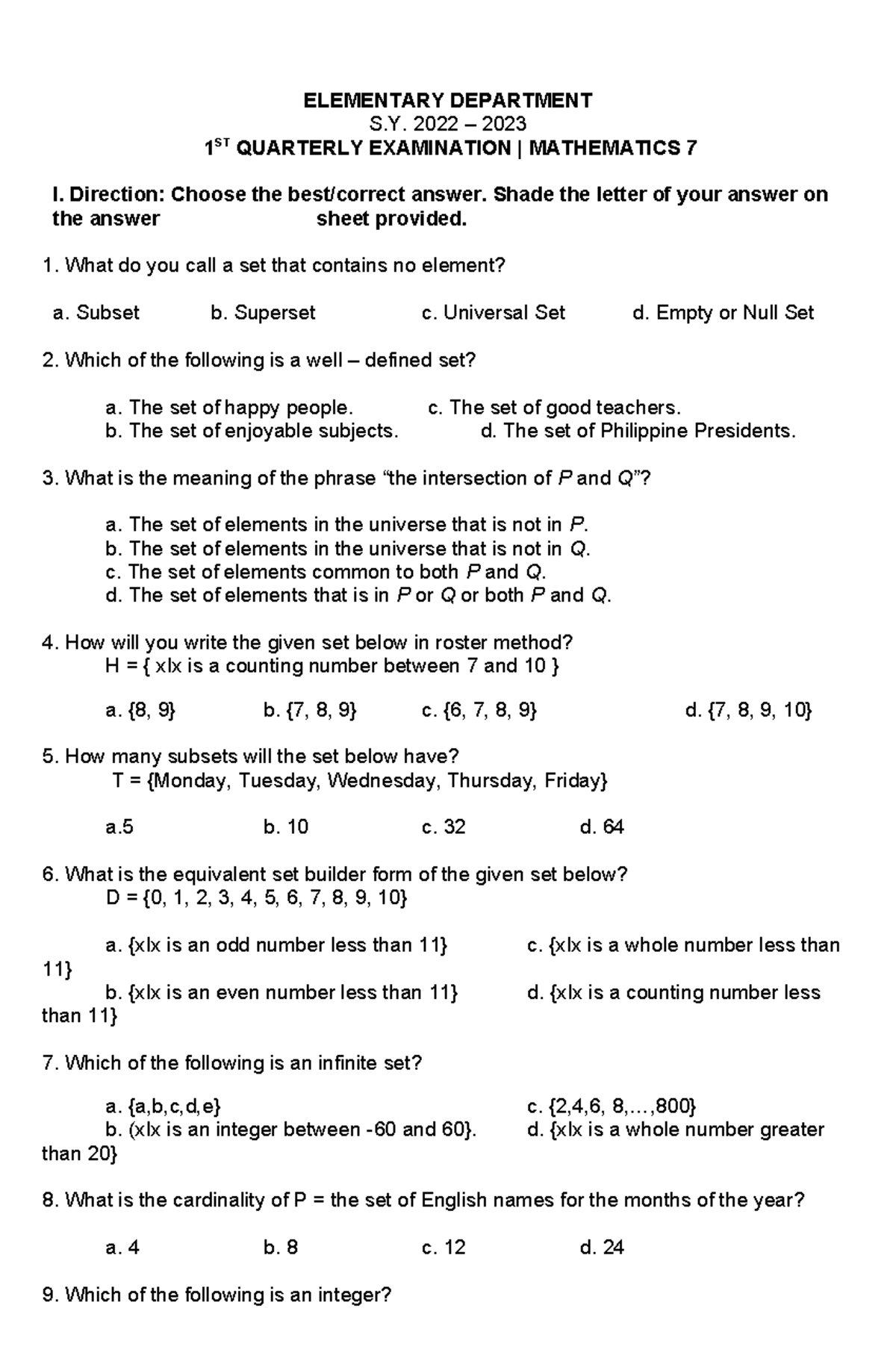 Mathematics 7 1st Quarterly Exam Review and Test Questions - Studocu