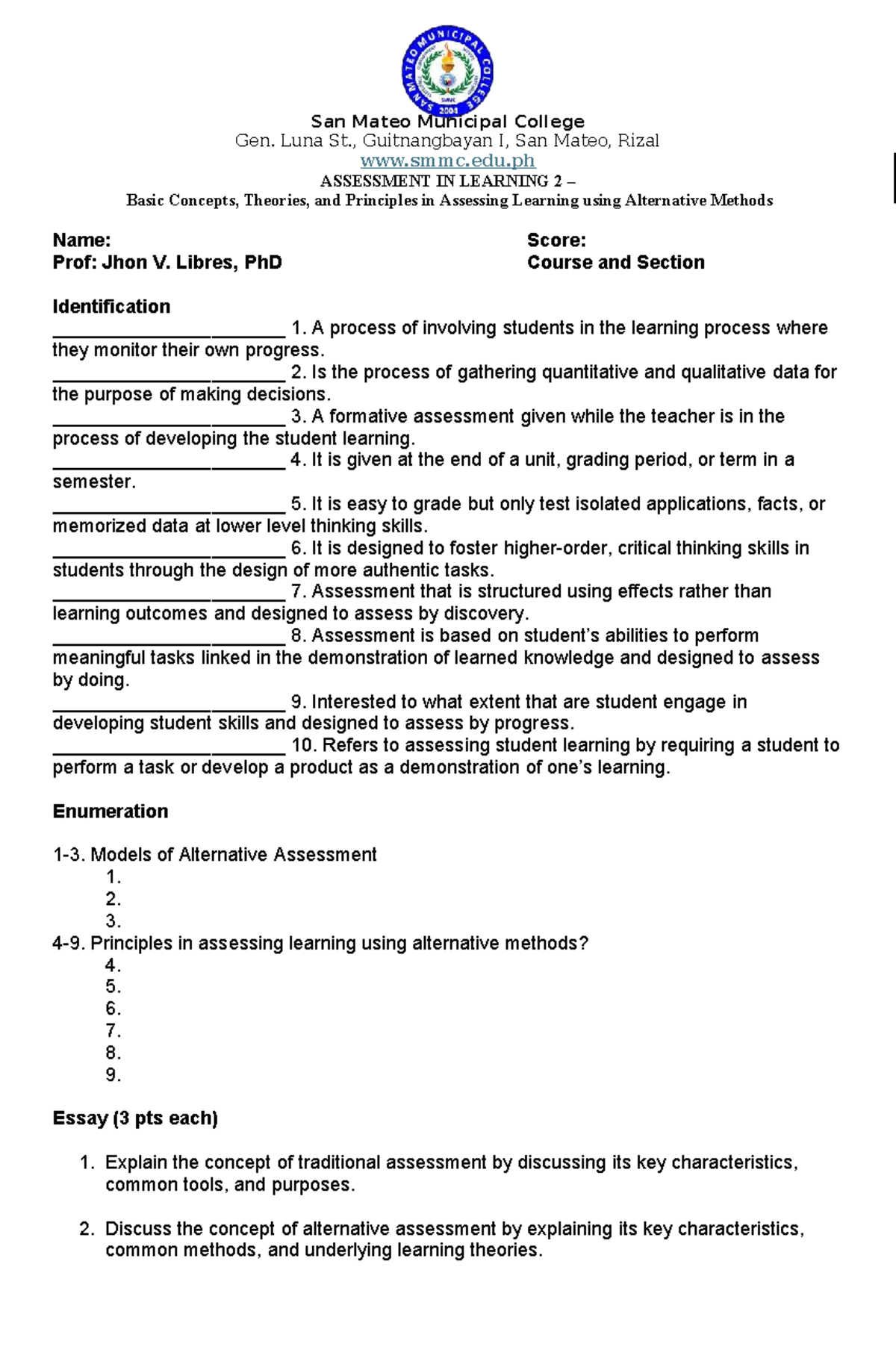 ASSESSMENT IN LEARNING 2: Lesson 1 Test on Alternative Methods - Studocu