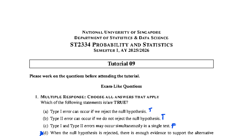 ST2334 Tutorial 09: Probability & Statistics Questions and Solutions ...