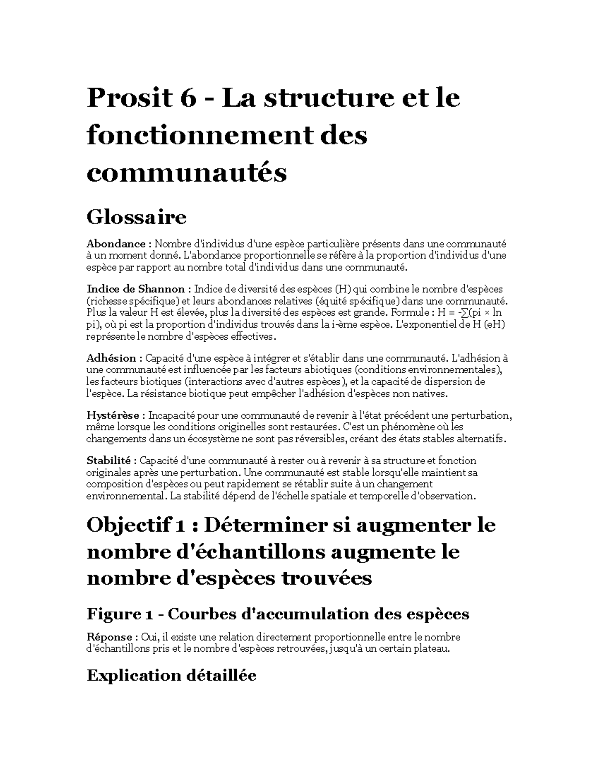 Prosit 6 - Glossaire sur la Structure et Fonction des Communautés - Studocu