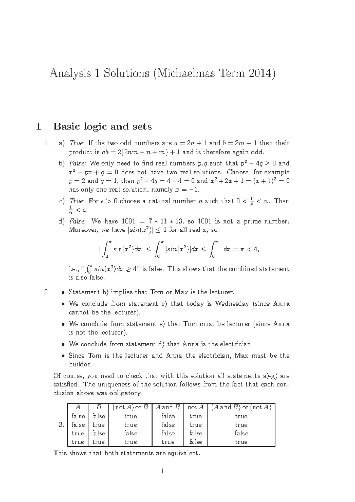 Analysis 1 Solutions (M.T. 2014) - Logic & Set Theory - Studocu