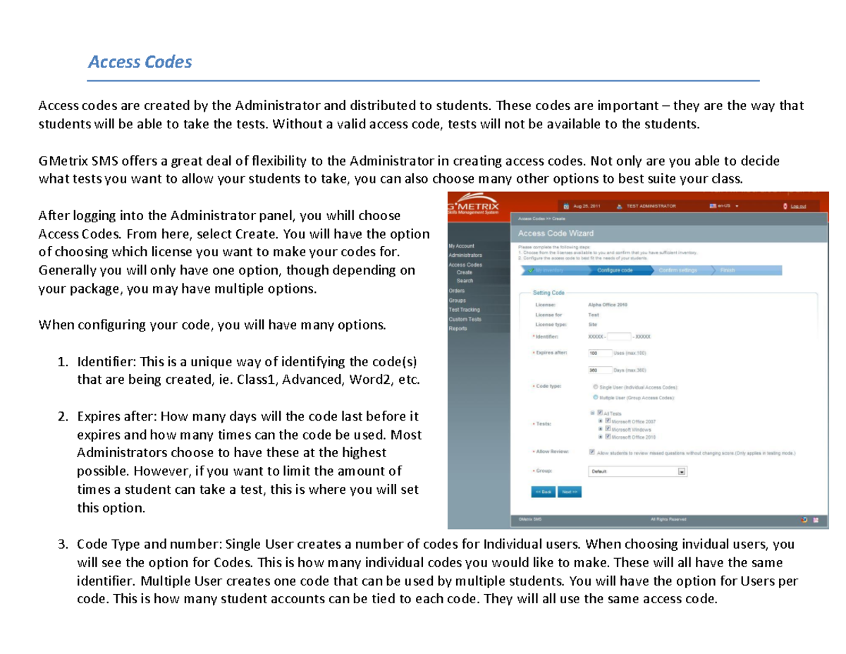 Access Codes Management for GMetrix SMS - User Guide - Studocu
