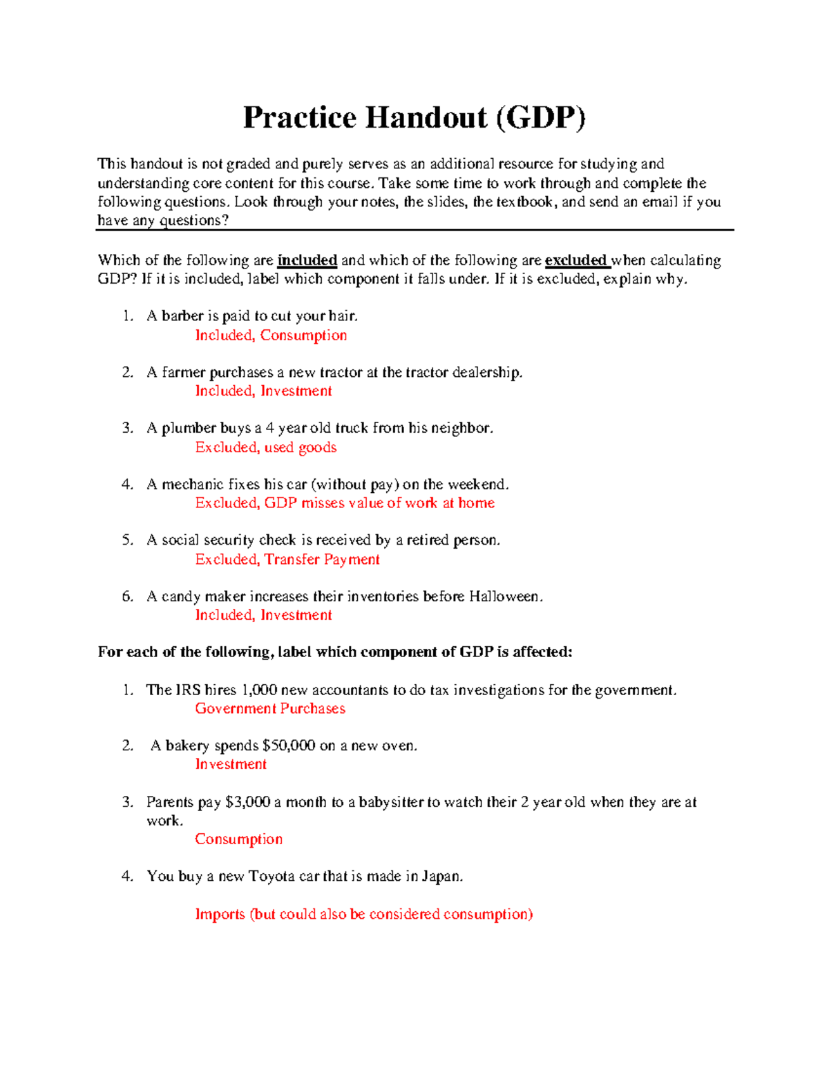 Practice Handout GDP (Key) - Study Resource for Understanding GDP ...
