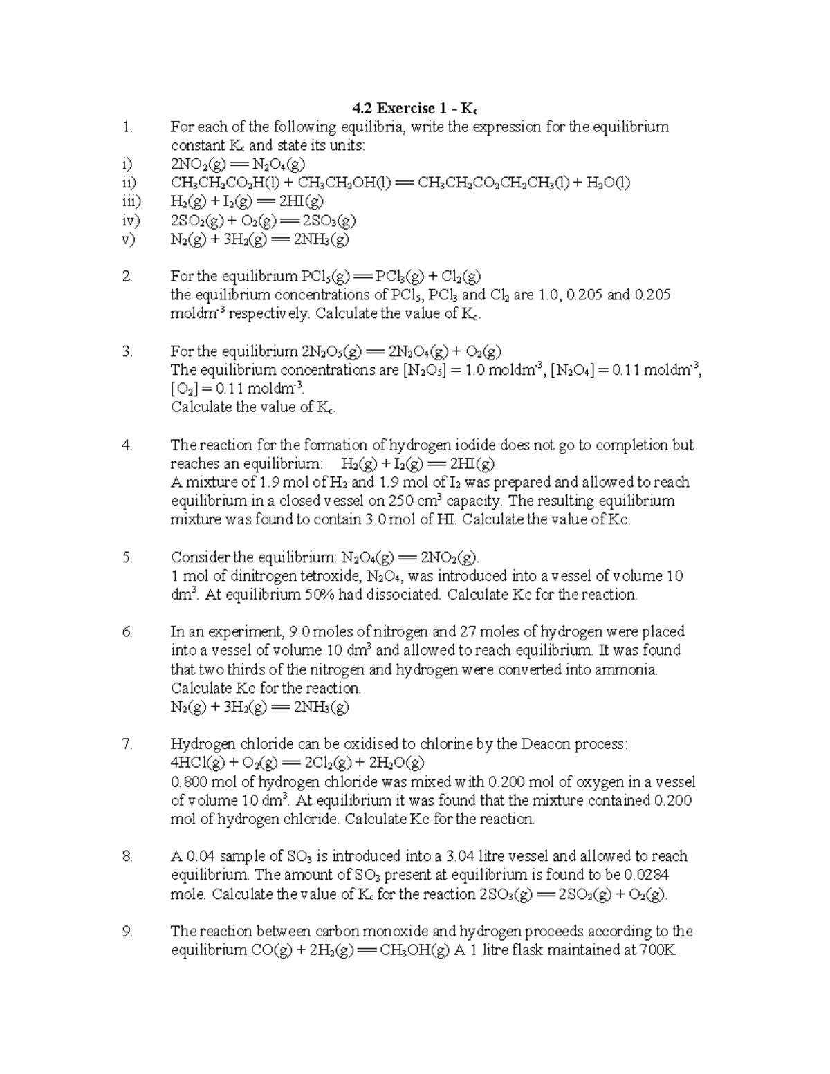 Equilibrium Constant Kc Calculations - Chem 101 Exercises - Studocu