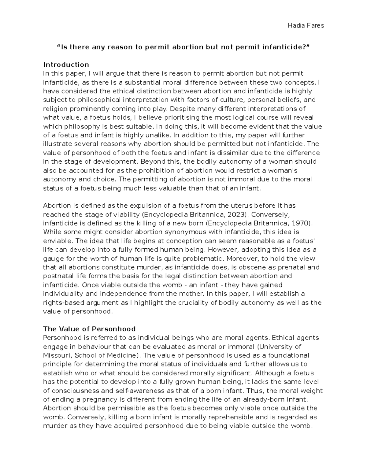 Bioethics 101 - Final Paper on Abortion and Infanticide Ethics - Studocu
