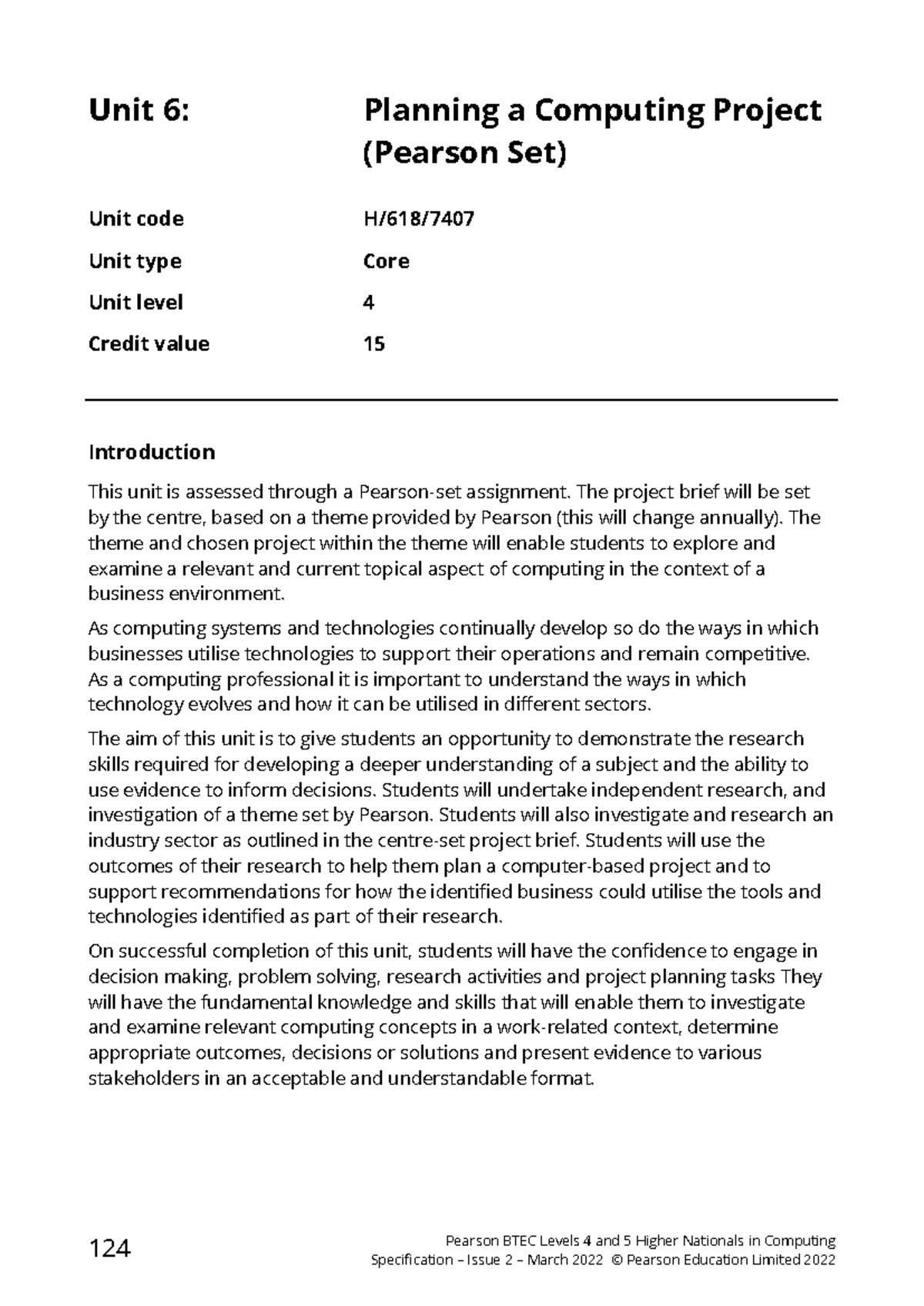 Unit 6 Planning a Computing Project - BTEC Level 4 H/618/ Guide - Studocu