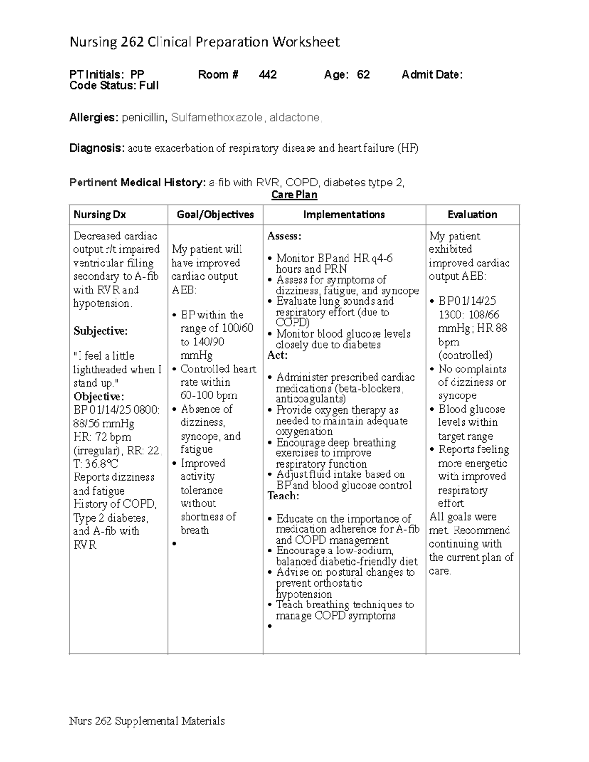 NURS 262 Clinical Prep Worksheet: Cardiac Output & COPD Management ...