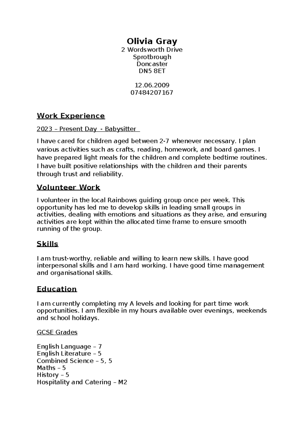 Work Experience & Skills Summary - Olivia Gray (2023) - Studocu
