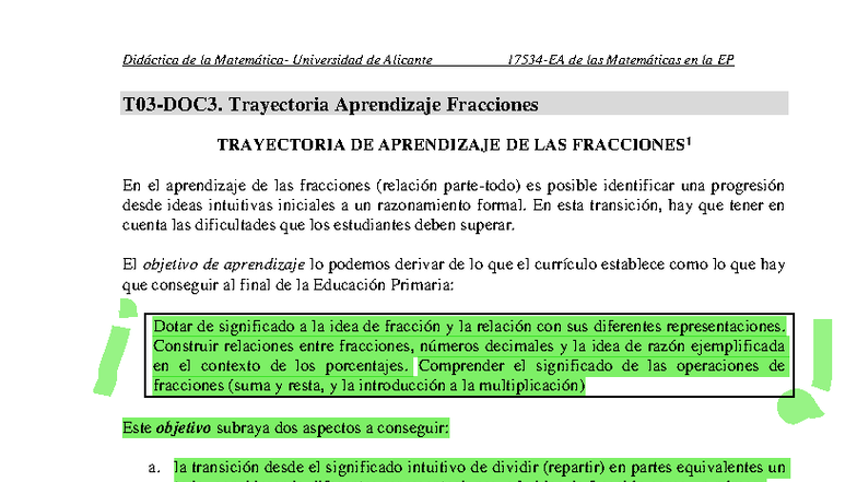 T03-DOC3: Trayectoria de Aprendizaje en Fracciones - Universidad de Alicante - Document Preview