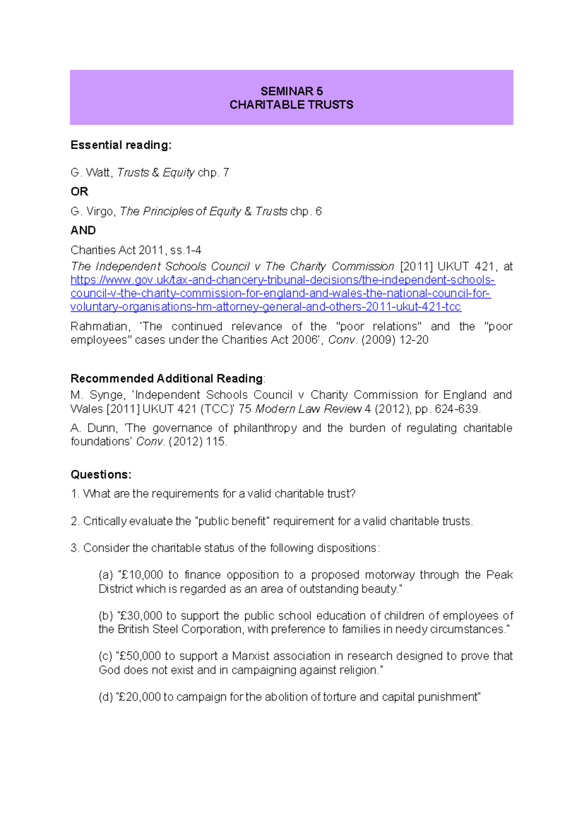 Seminar 5 - SEMINAR 5 CHARITABLE TRUSTS Essential reading: G. Watt ...