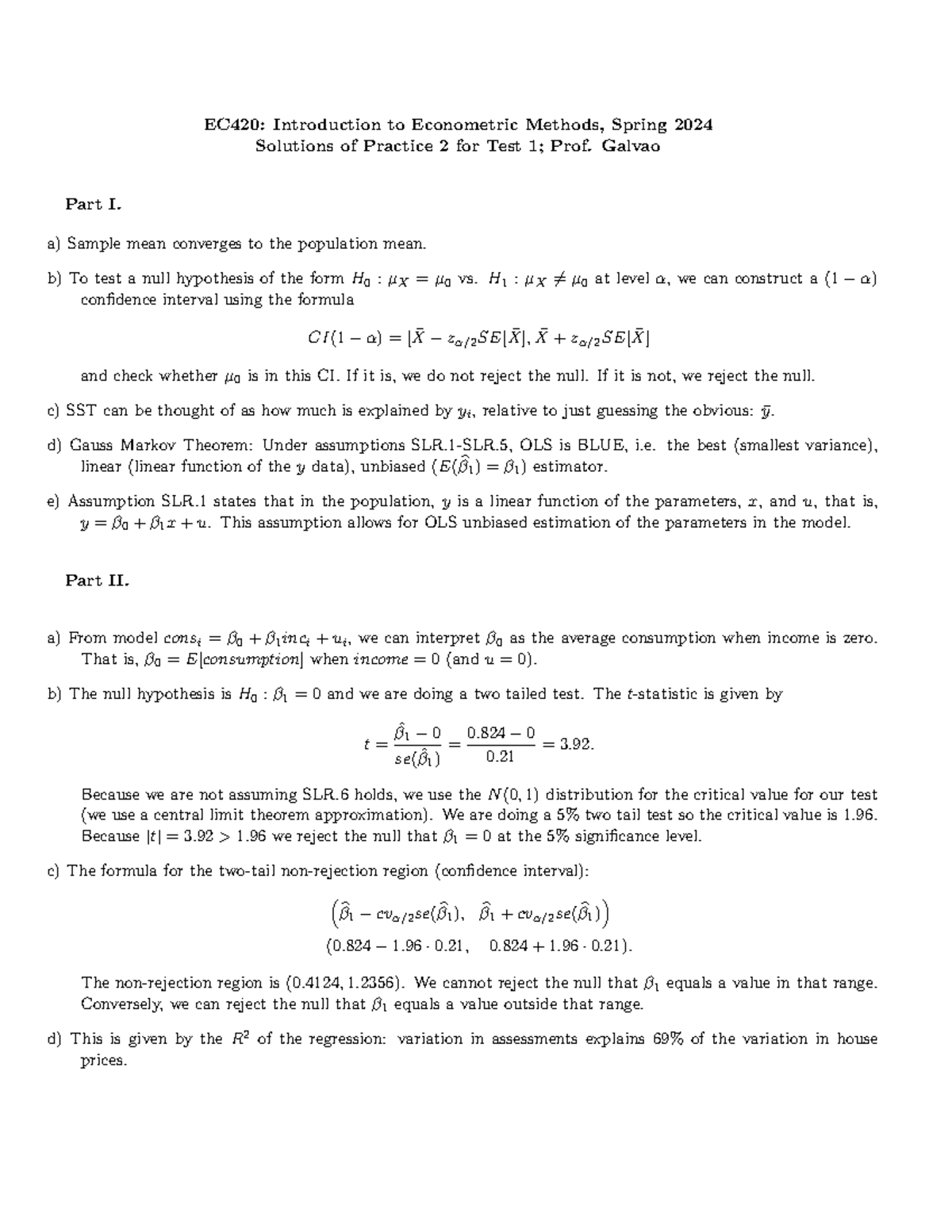 EC420: Test 1 Practice 2 Solutions for Spring 2024 - Studocu
