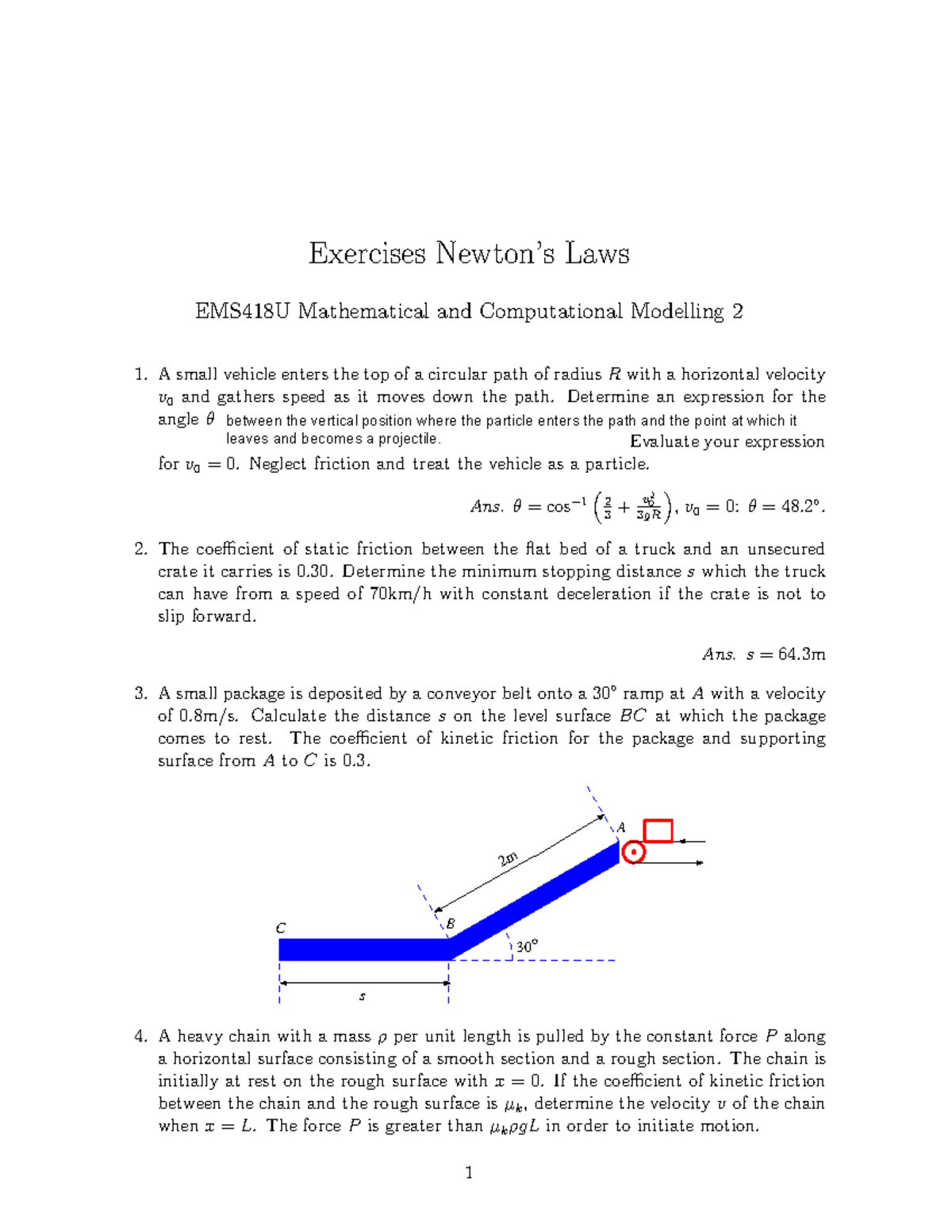 Newtons Laws Exercises EMS418U: Mathematical & Computational Modelling ...