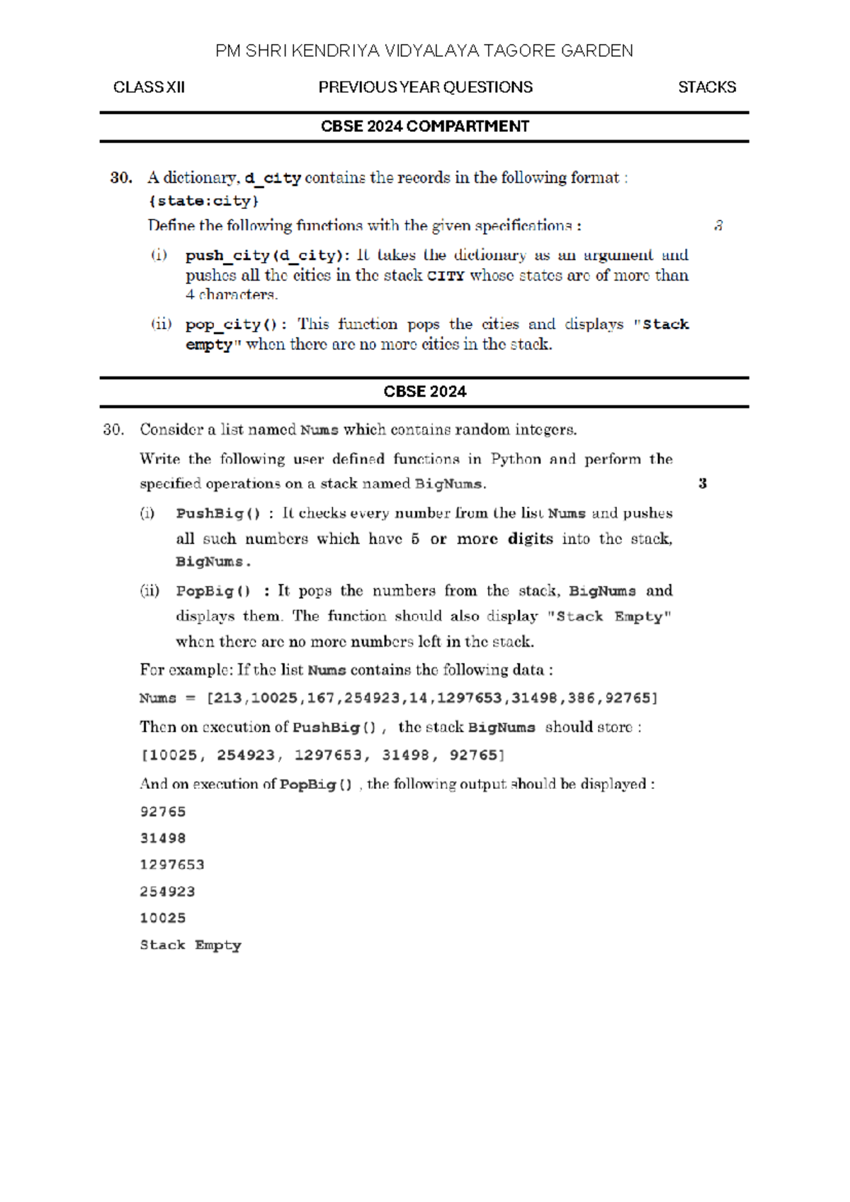 CS PYQ Stacks - Computer science class 12 - CBSE 2024 COMPARTMENT PM ...