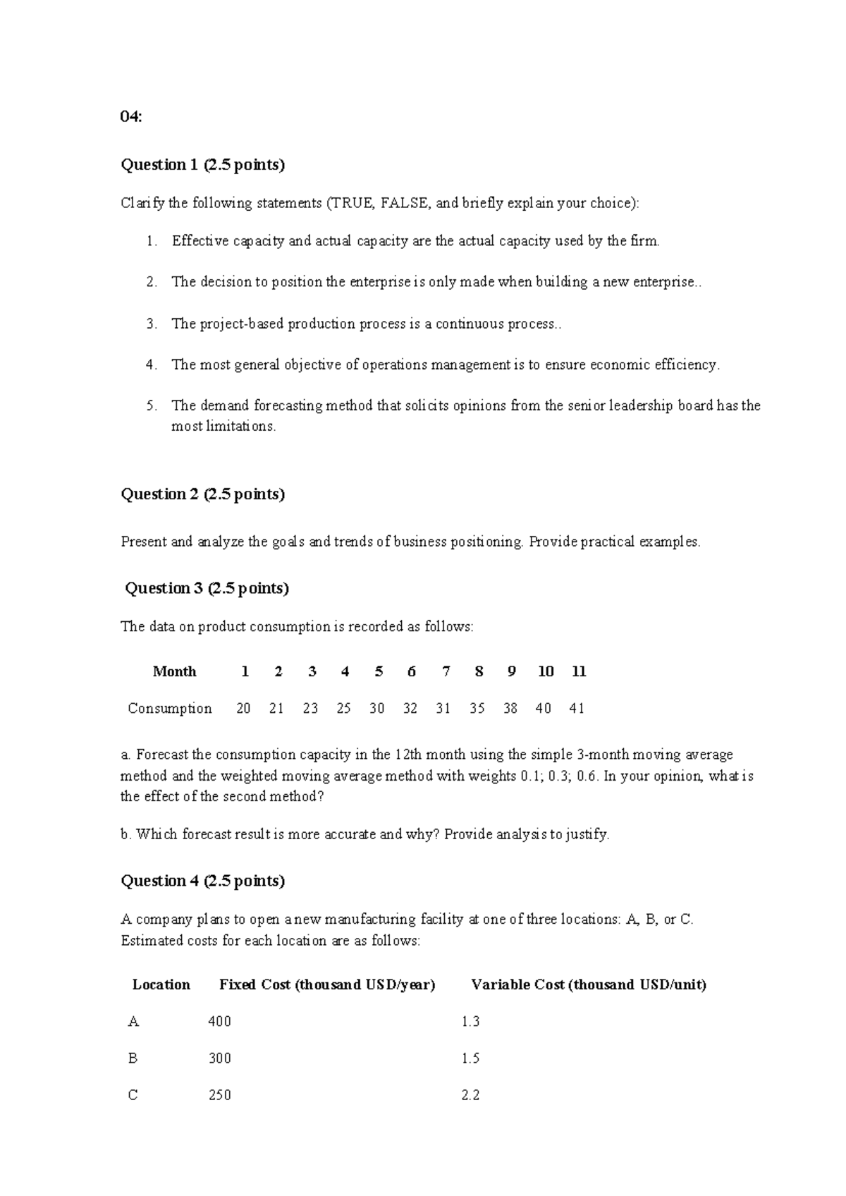 04: Operations Management Exam Questions and Analysis - Studocu
