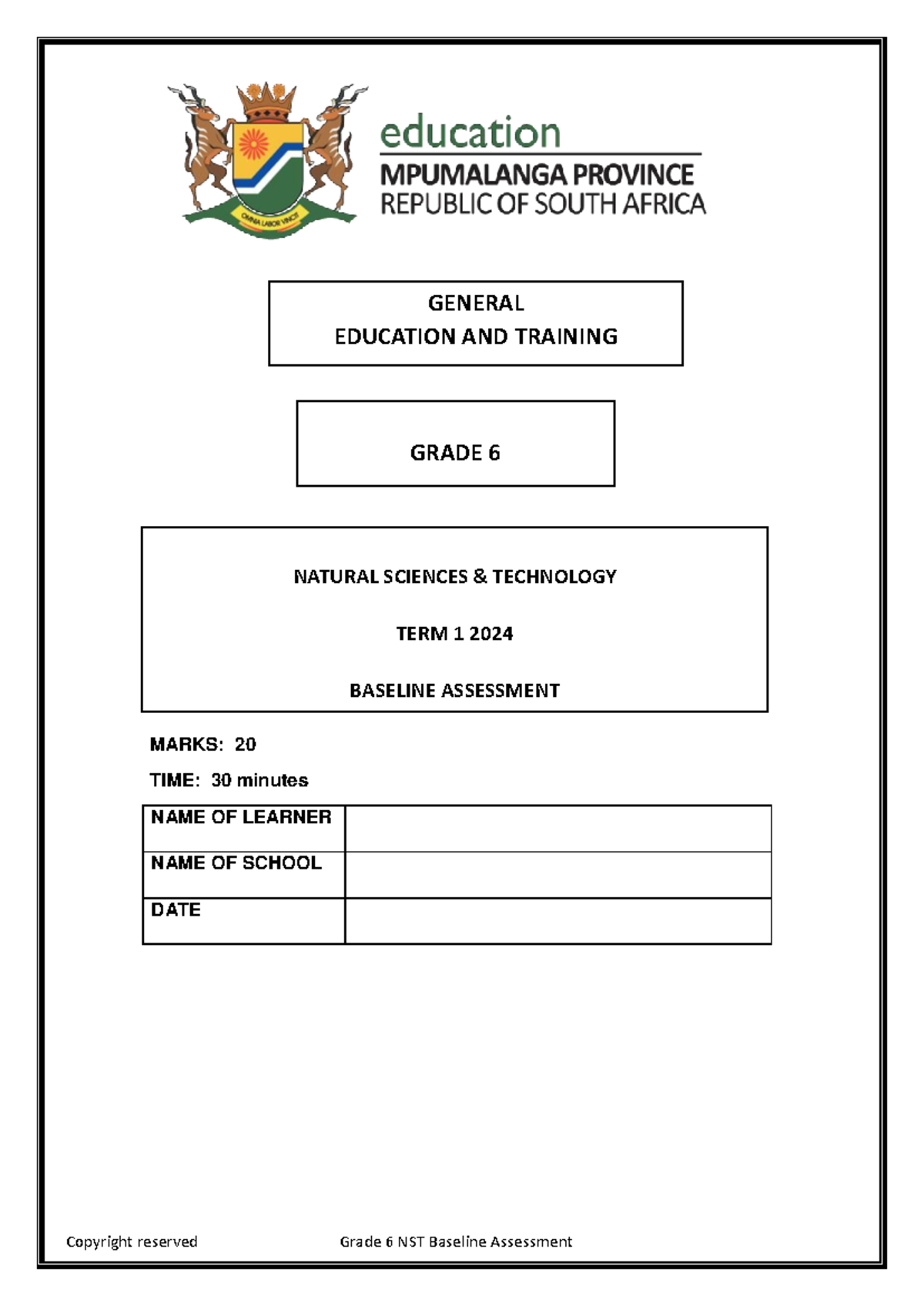 Grade 6 NST Term 1 Baseline Assessment QP 2024-1 - Studocu