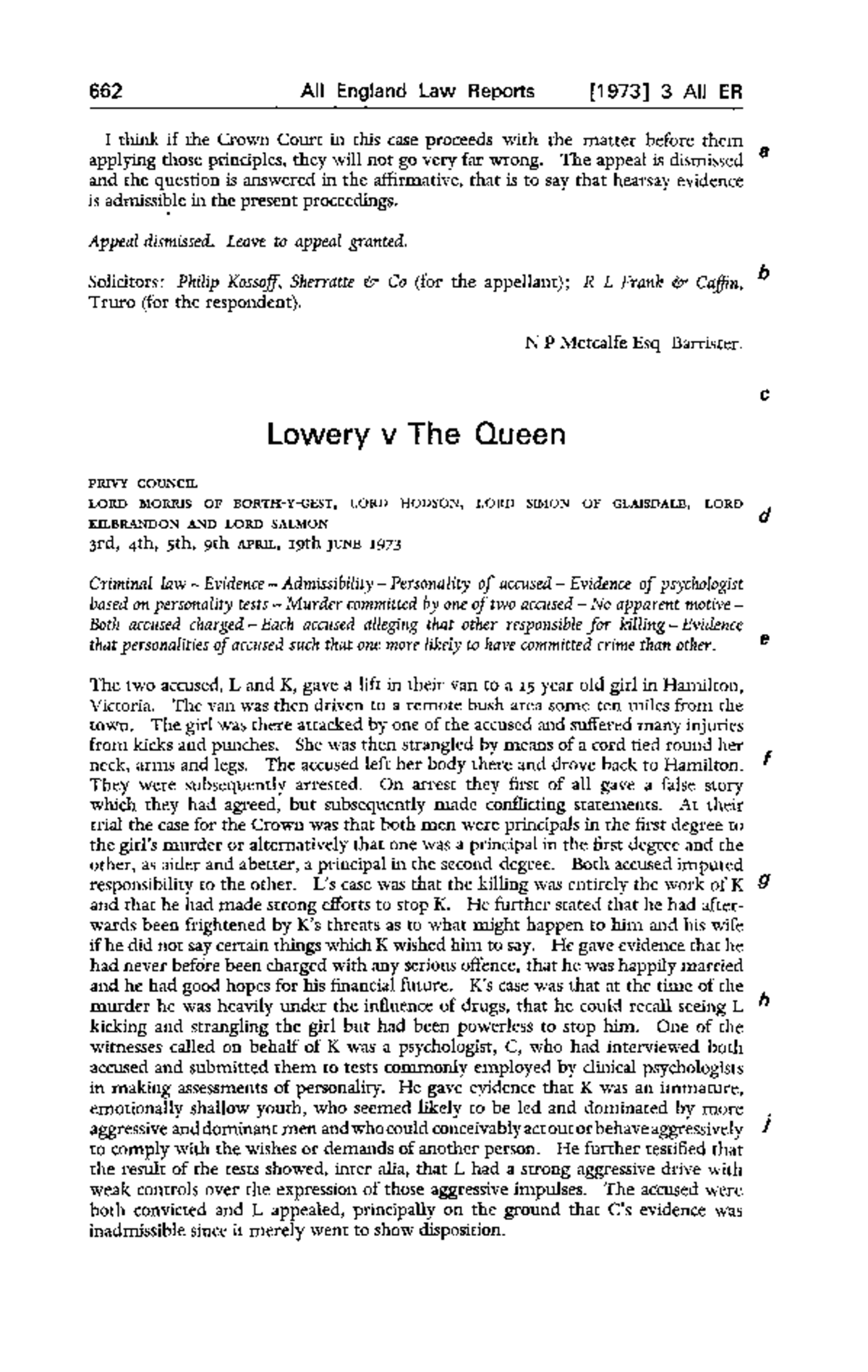 Lowery v The Queen [1973] Case Analysis and Legal Implications Studocu
