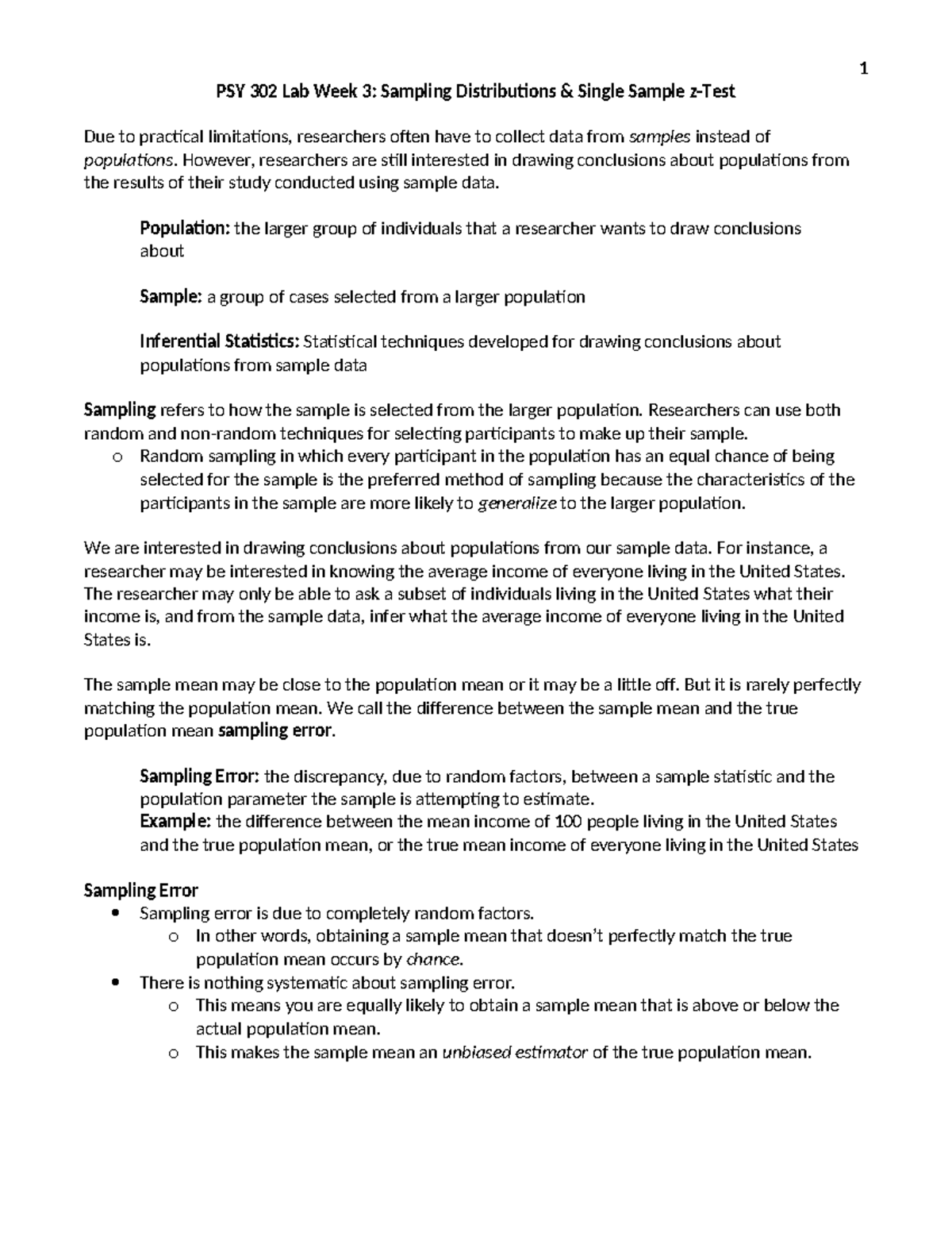 PSY 302 Lab Week 3: Sampling Distributions & Hypothesis Testing - Studocu