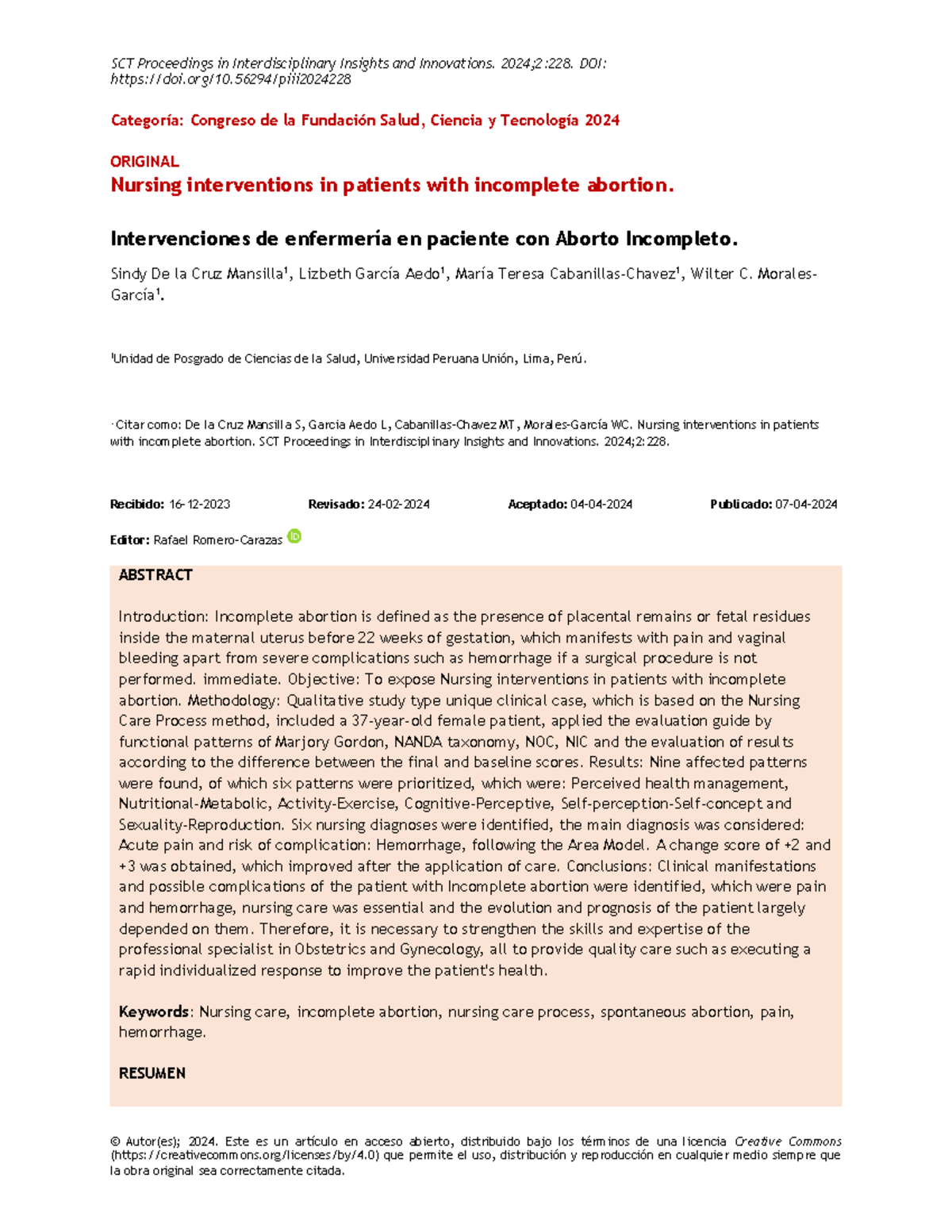 SCT Nursing Interventions for Incomplete Abortion: A Case Study ...