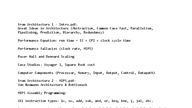 ARCH 1-3 Notes: Key Concepts in Computer Architecture and MIPS - Studocu