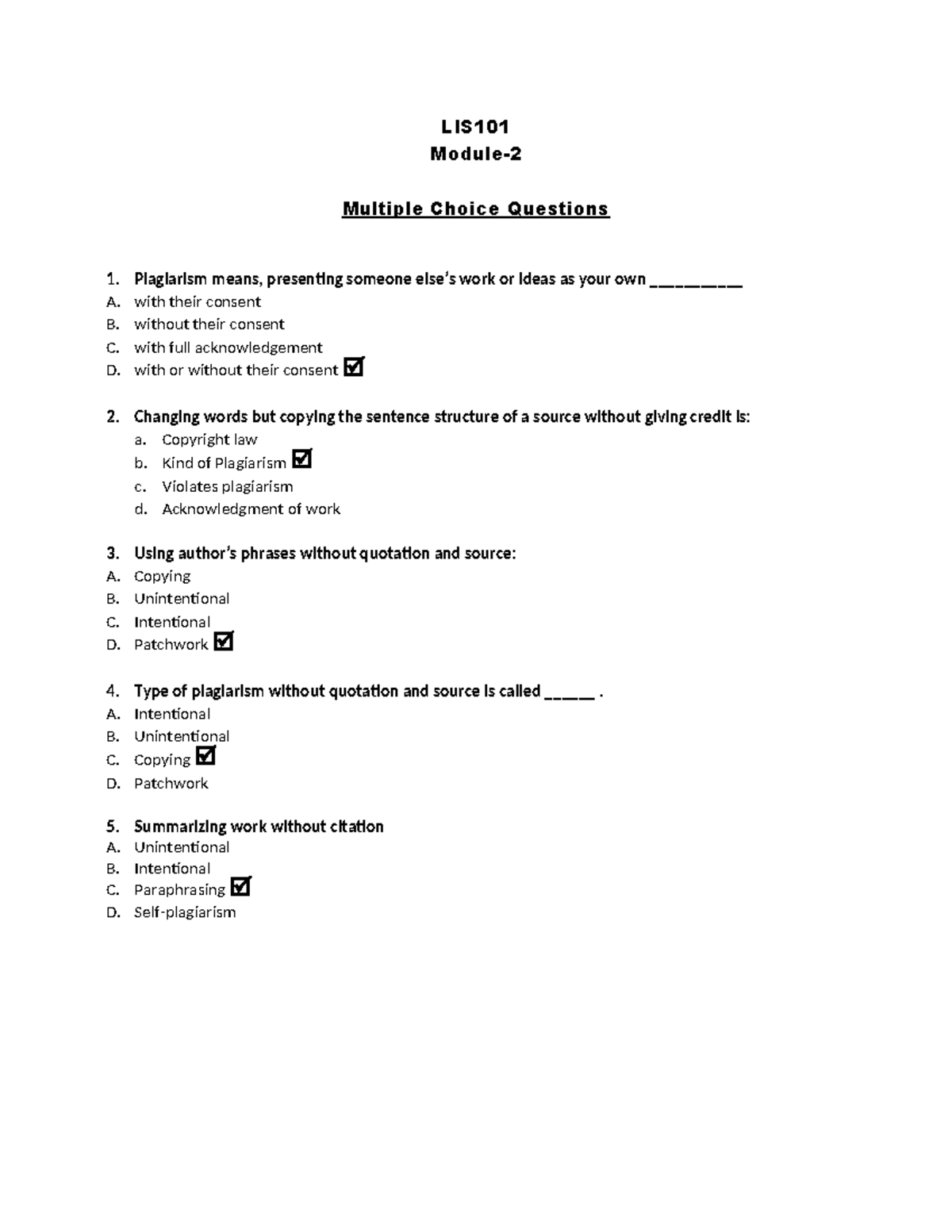 LIS Module 2: Plagiarism Revision Paper with MCQs - Studocu