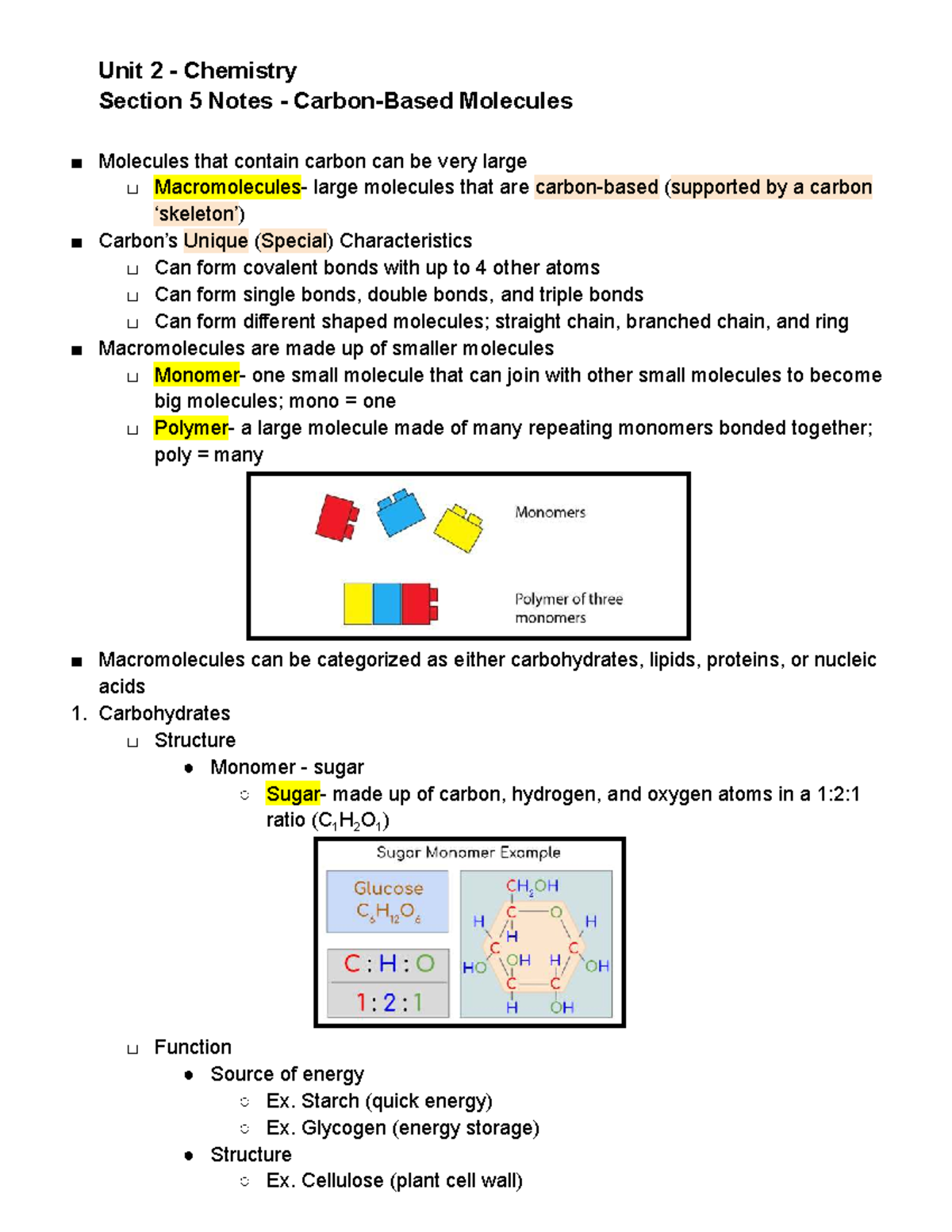 Unit 2 Chemistry: Section 5 Notes on Carbon Compounds - Studocu