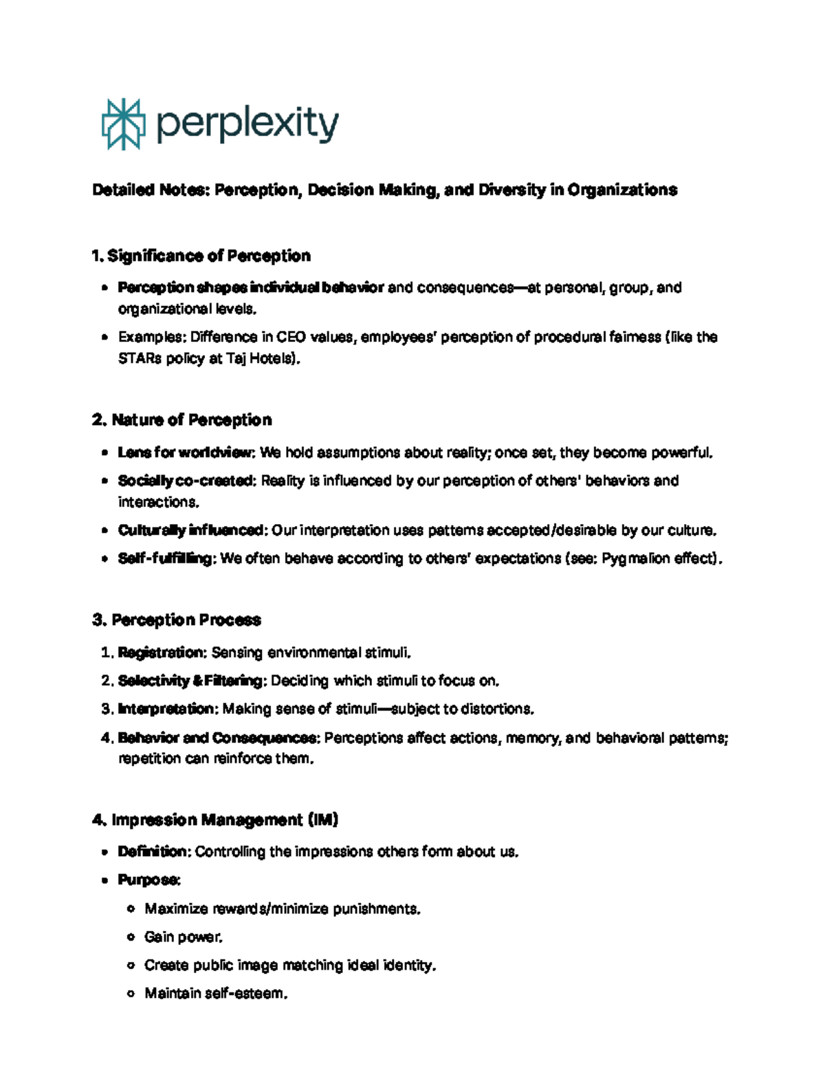 Perception and Decision Making in Organizations: Detailed Notes (Course ...