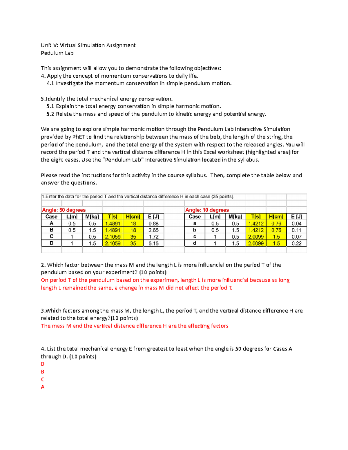 Unit V: Virtual Simulation Assignment - Pendulum Lab Analysis - Studocu