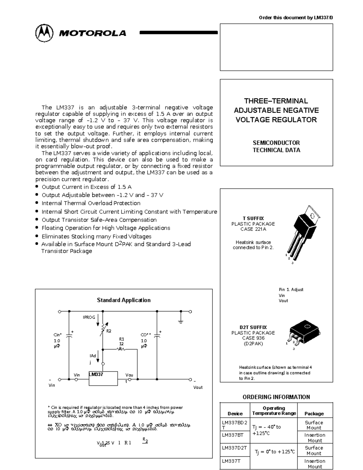LM337 Adjustable Negative Voltage Regulator Technical Data - Studocu