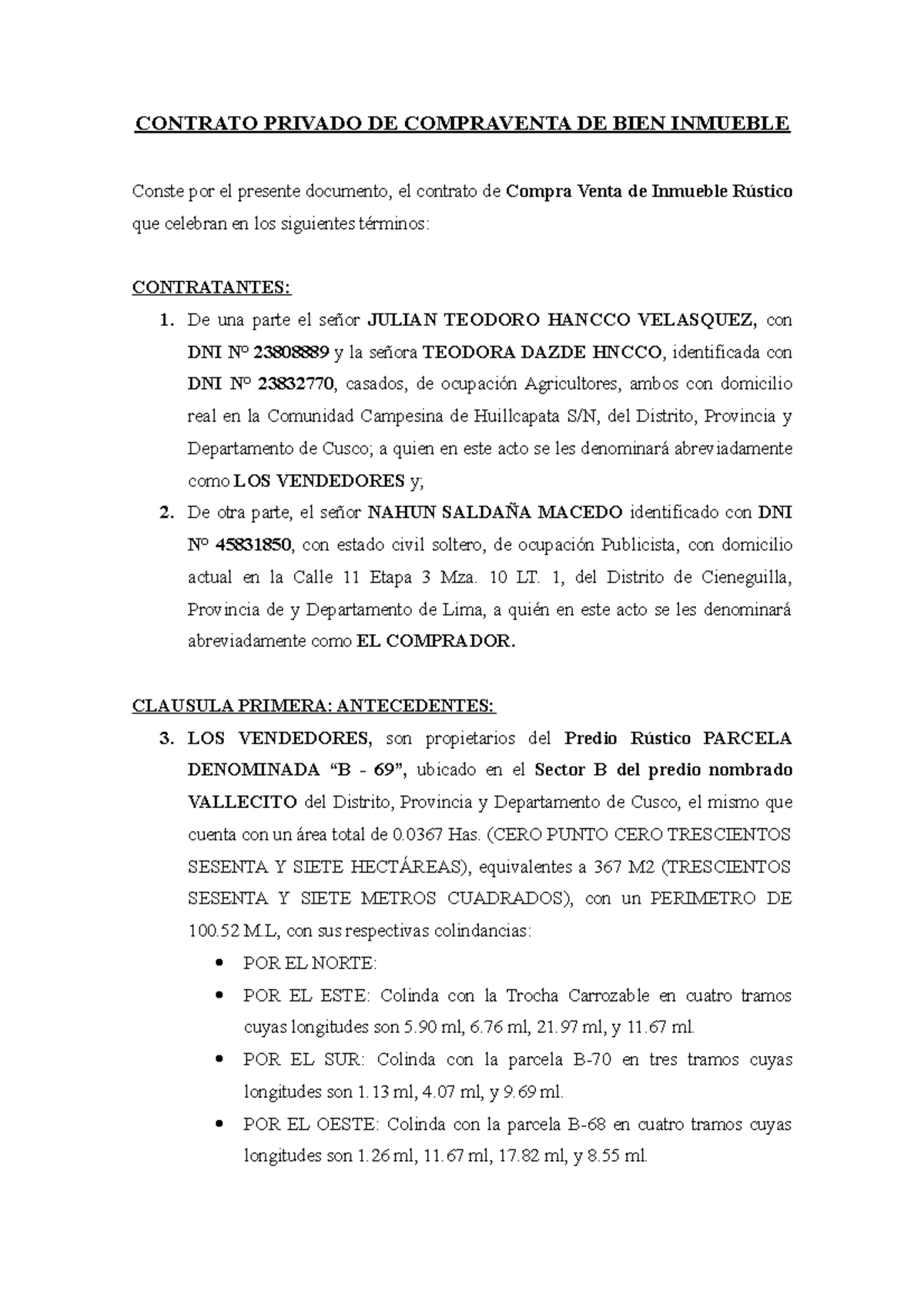 Modelo de Contrato Privado de Compra Venta de Inmueble Rustico - Document Preview
