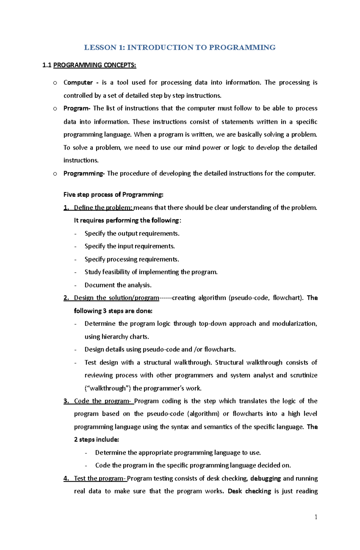 Intro to Programming - Lecture notes 1 - LESSON 1: INTRODUCTION TO ...
