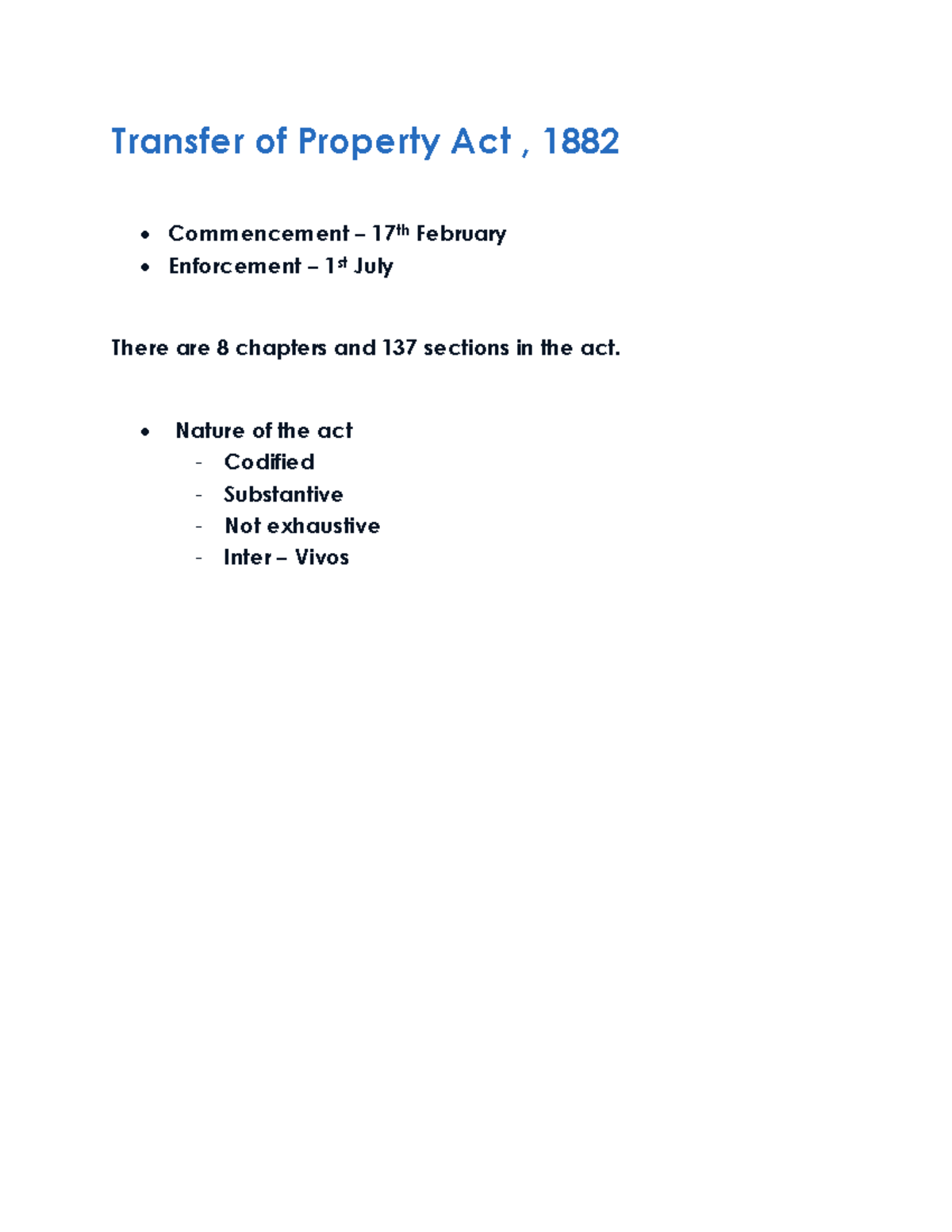 TPA 1882: Comprehensive Notes on Transfer of Property Act - Studocu