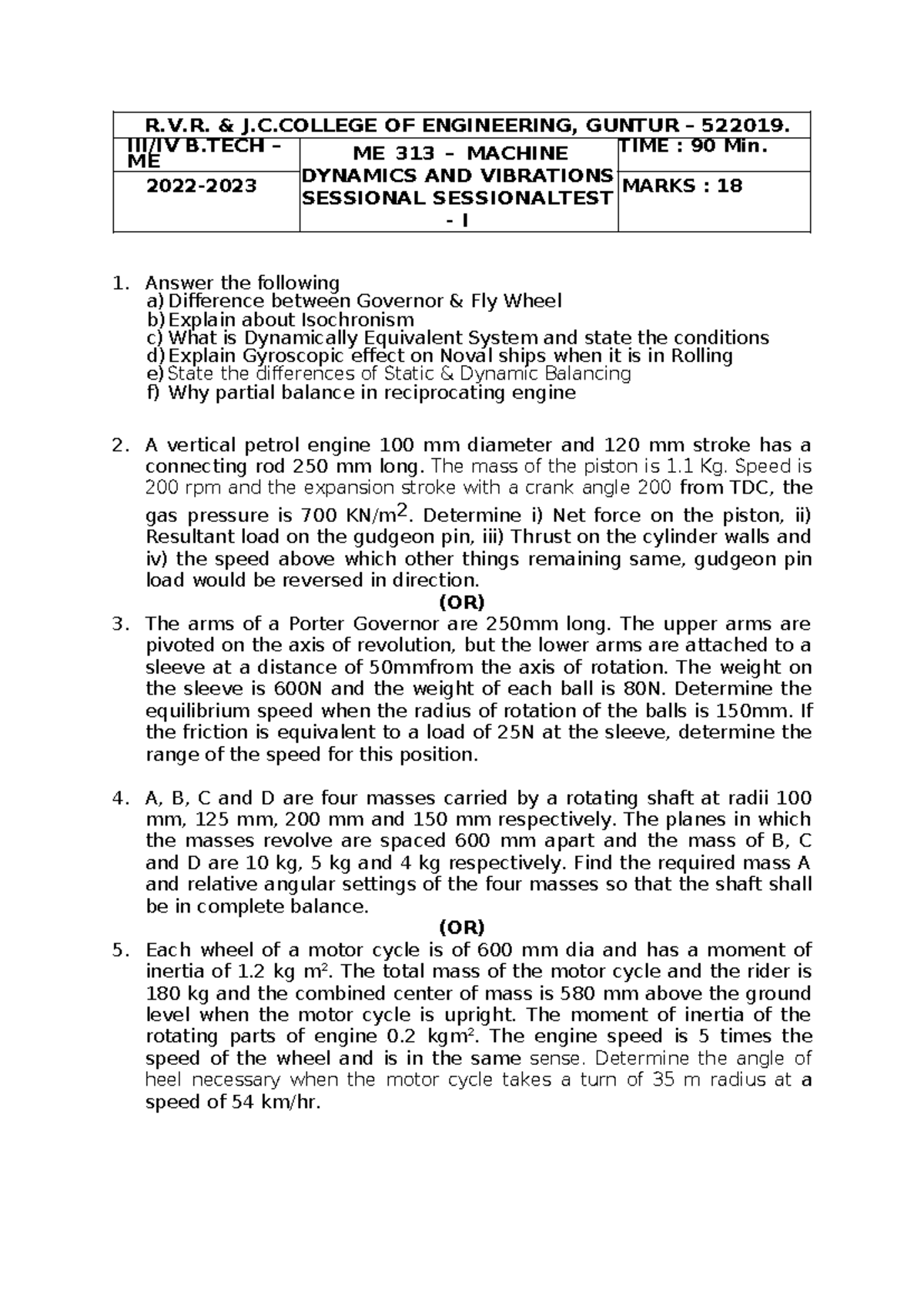 ME313-MID-1 Sessional Paper 2024 - Machine Dynamics & Vibrations - Studocu