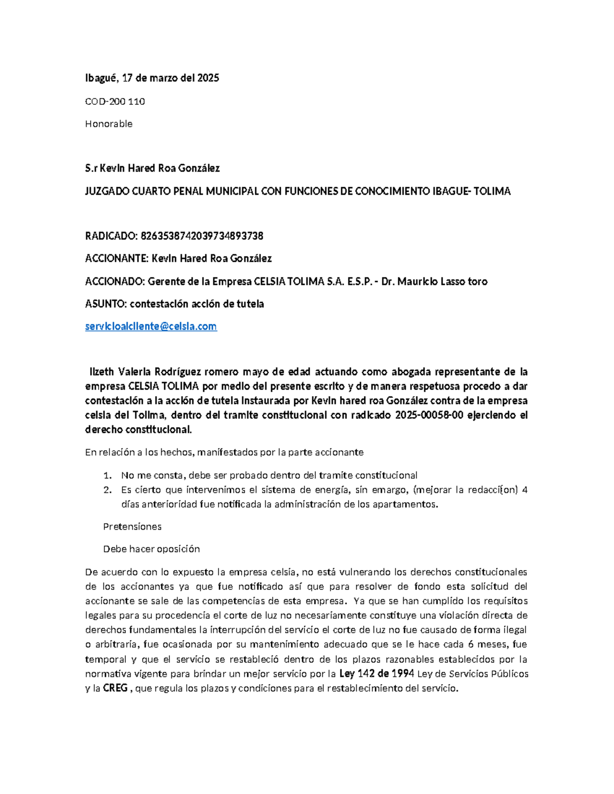 Contestación de Tutela - CELSIA TOLIMA S.A. E.S.P. - Studocu