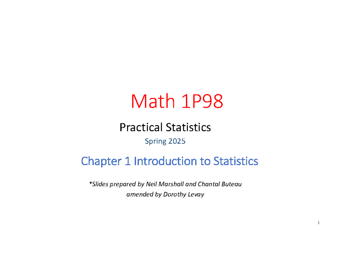 Practical Statistics - Math 1P98 Lecture Notes: Chapter 1 Overview ...