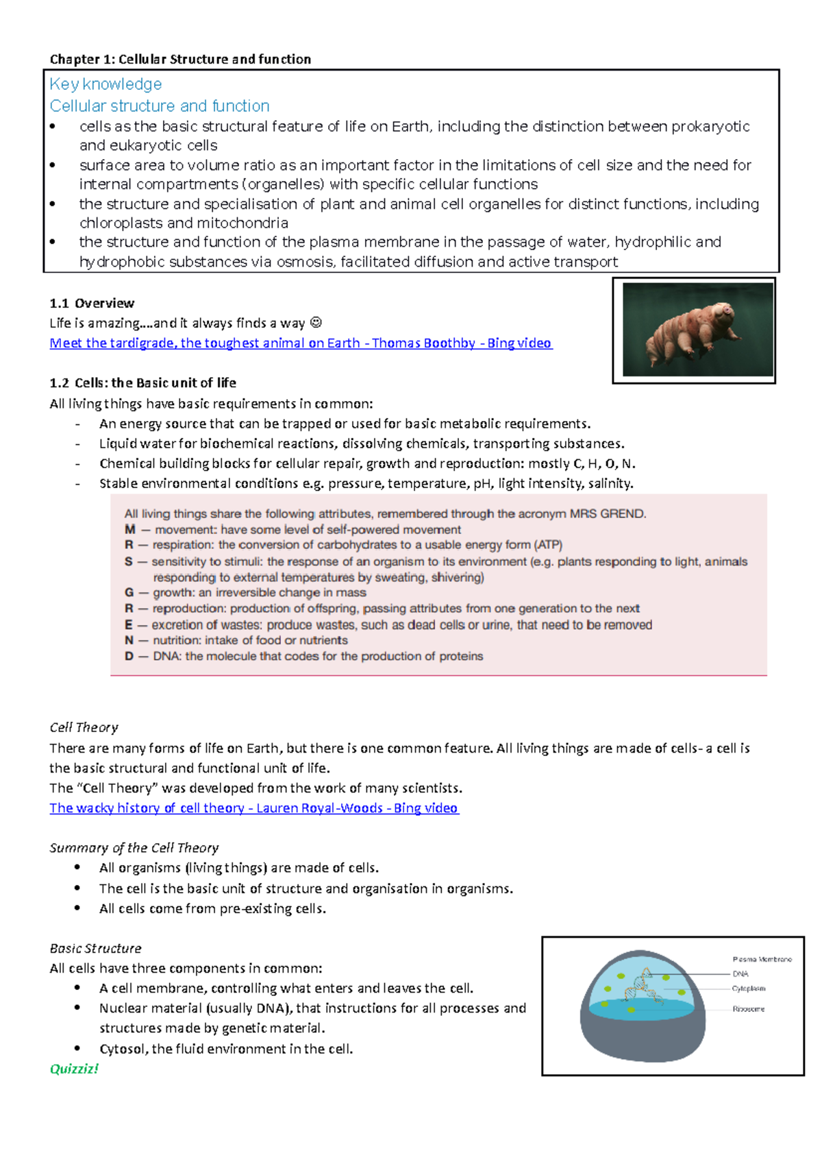 Chapter 1 Notes - Cellular Structure & Function (BIO101) - Studocu