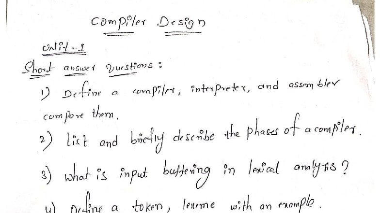 Compiler Design Unit I Short Answer Questions and Long Questions - Studocu