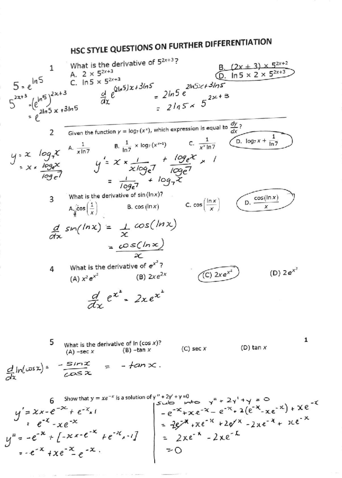 HSC Further Differentiation Style Questions Solutions - Studocu
