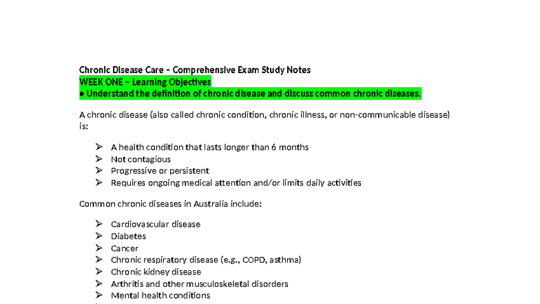 Chronic Disease Care CDSM Exam Study Notes - Week 1 to Week 7 - Studocu