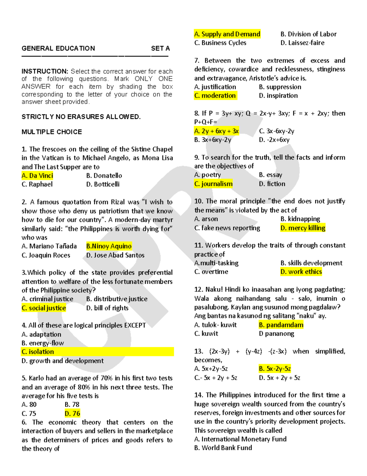 March 2024 General Education Set A: Multiple Choice Questions - Studocu