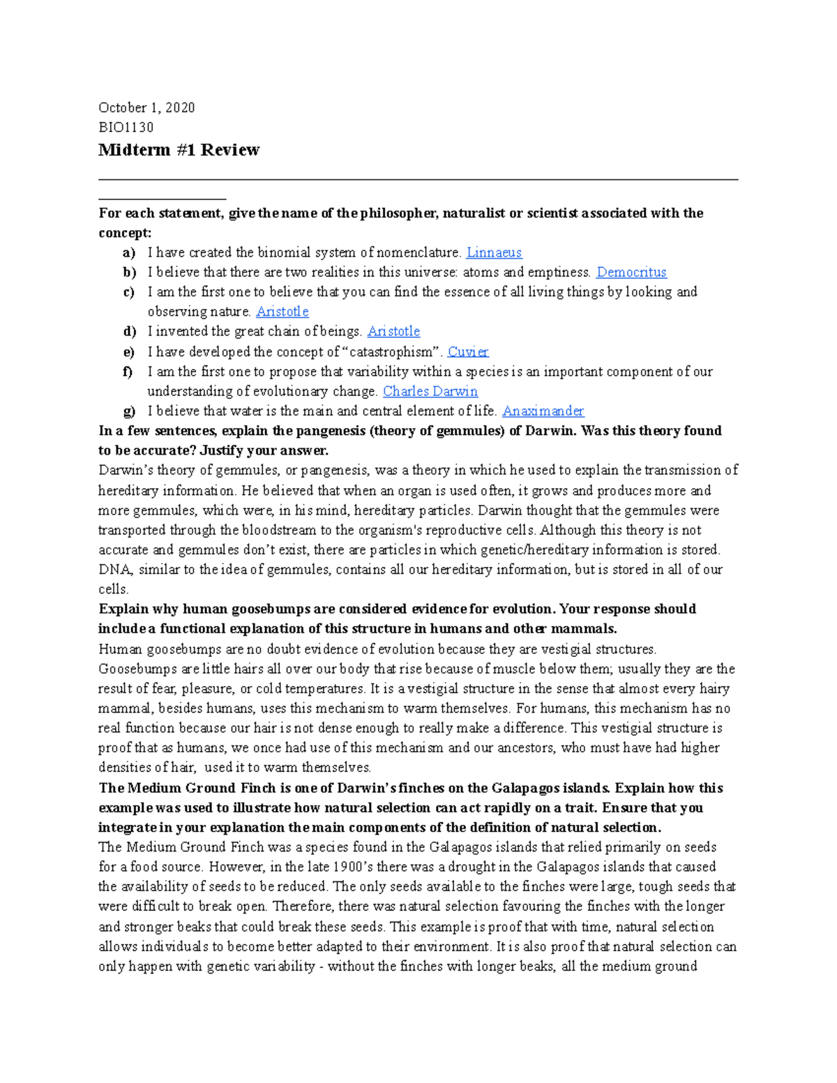 BIO 101 Midterm 1 Study Sheet: Key Philosophical Concepts & Evolution ...
